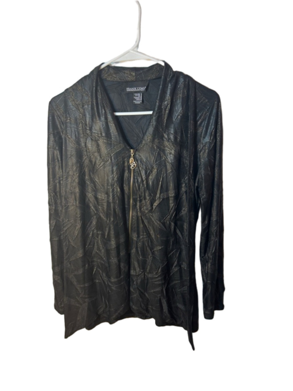 Frank Lyman Design Black with Gold Metallic Accent Zip-Front Top size 8